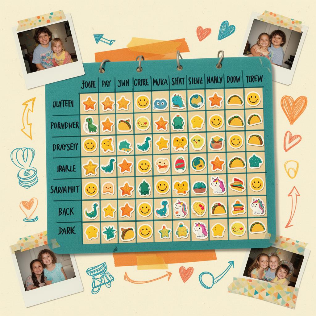 A handmade family scoreboard covered in stickers and polaroid photos
